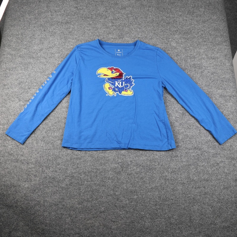 Campus Couture Kansas Jayhawks Shirt Womens 2XL Blue Long Sleeve Rhinestone NCAA